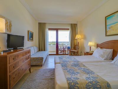 Světý hotelový pokoj s manželskou postelí, televizí, balkonem a výhledem ven.