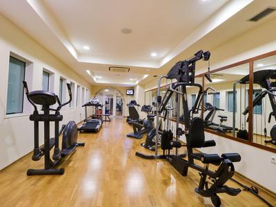 Modern ausgestatteter Fitnessraum mit verschiedenen Trainingsgeräten und Holzfußboden.