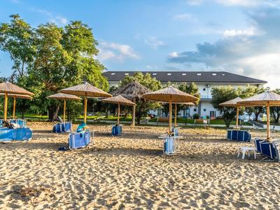 Strand mit Sand, blauen Liegen und Sonnenschirmen vor einem Gebäude und Bäumen bei bewölktem Himmel.
