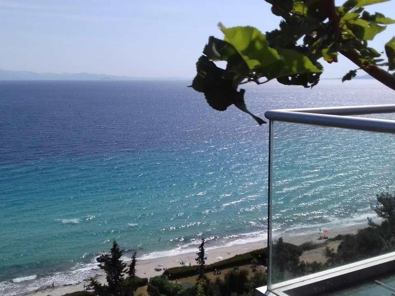 Uitzicht op de oceaan met helderblauwe zee en strand vanaf een balkon met een tak op de voorgrond.