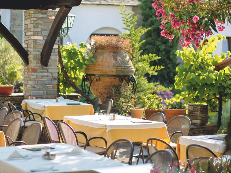 Gezellige buitenruimte met gedekte tafels en weelderig groen eromheen.