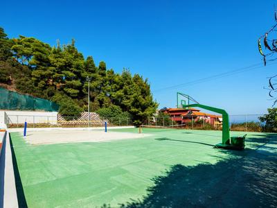 Freiluft-Sportplatz mit Basketballkorb und Volleyballnetz, umgeben von Bäumen und klarem Himmel.