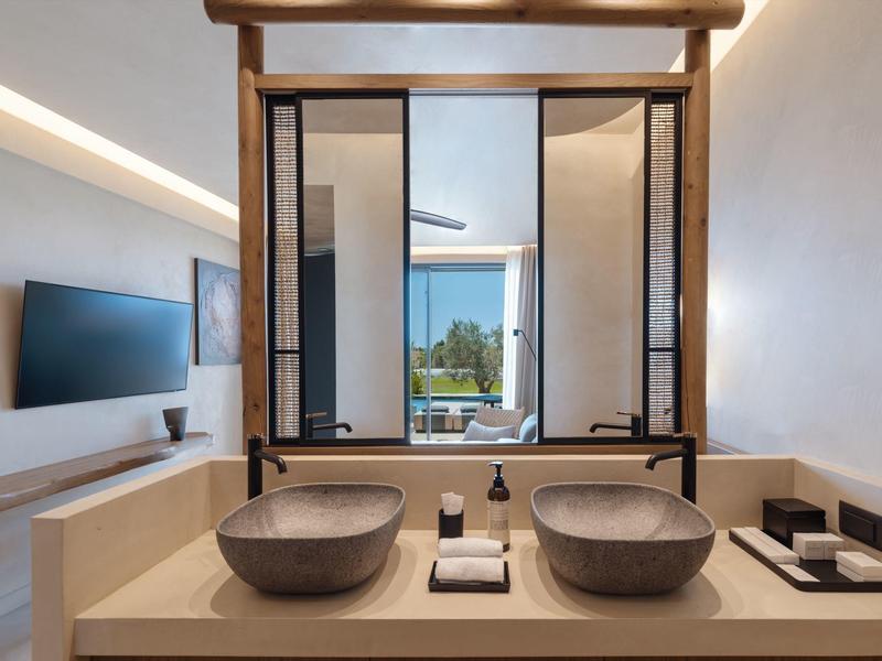 Moderne hotelbadkamer met twee grijze wastafels en groot raam met uitzicht op groen.