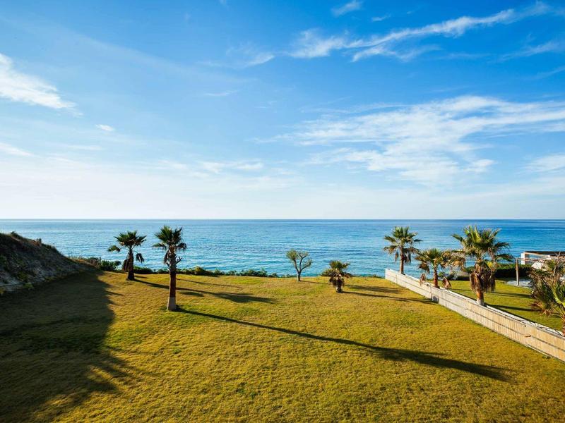 Green garden with palm trees and pathway along the ocean under a blue sky.