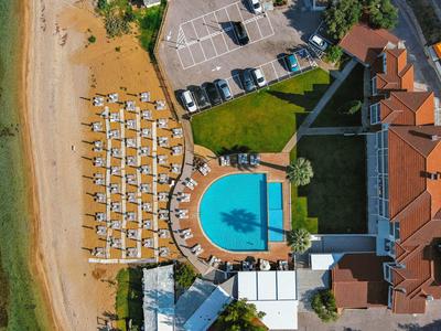 Luftaufnahme eines Strandhotels mit Pool, Liegestühlen am Strand und Parkplätzen neben Gebäuden.