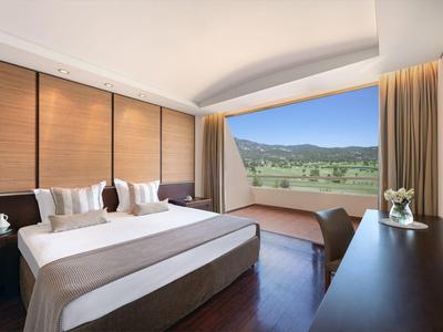 Eine Frau im weißen Shirt spielt Tennis auf einem Freiplatz mit grünem Hintergrund.