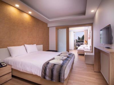 Modernes Schlafzimmer mit großem Bett, Holzboden, Fernseher an der Wand und Zugang zu Balkon.