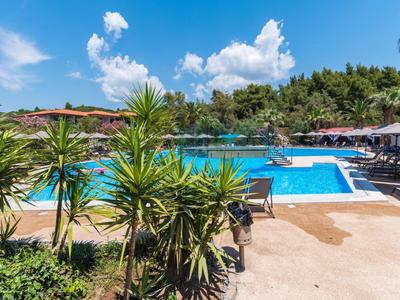 Helderblauw zwembad omringd door ligstoelen en tropische planten onder een zonnige hemel.