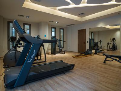 Moderner Fitnessraum mit Laufband, Trainingsgeräten und Holzfußboden in hellem Raum.