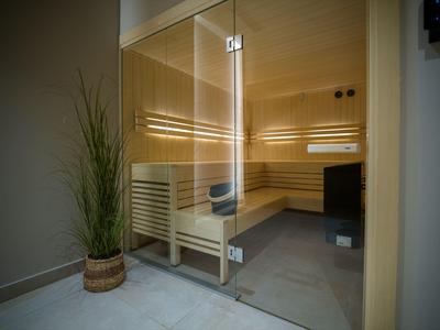 Modern sauna room with wooden benches and glass interior door, next to a plant in a basket.