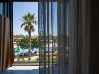 View through a curtain onto a pool area with palm trees and sun loungers.