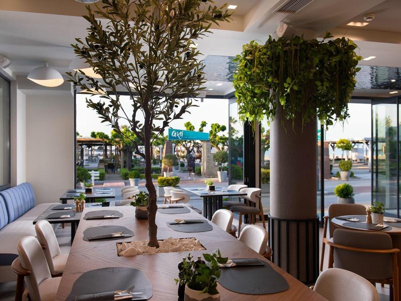 Modernes Café mit Holztischen, Stühlen, Grünpflanzen und großen Fenstern für viel Tageslicht.