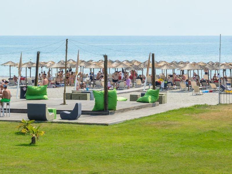 Beachfront with green lawn, beach umbrellas, and people near the ocean under a clear sky.