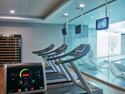 Moderne Fitnessraum mit Laufbändern, Fernsehern und großer Glasscheibe.