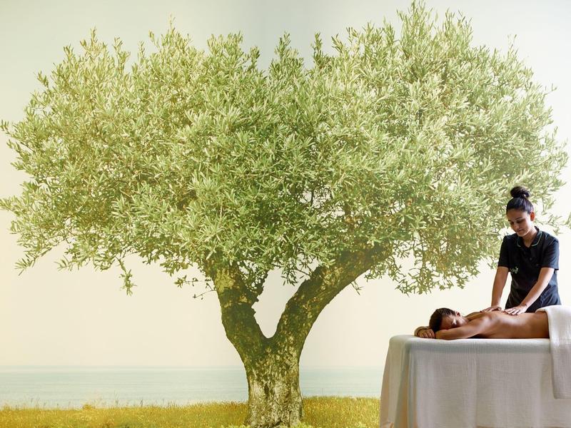 Eine Person erhält im Freien unter einem großen Baum eine Rückenmassage auf einer Liege.