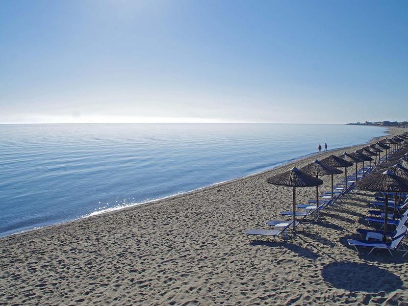 Leerer Sandstrand mit Sonnenschirmen und Liegestühlen unter klarem Himmel am ruhigen Meer.