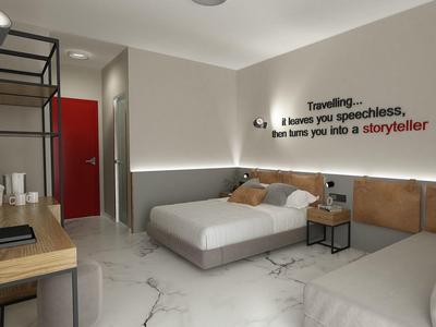 Modernes Hotelzimmer mit Doppelbett, Schreibtisch, grauen Wänden und roter Zimmertür.