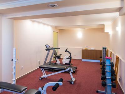 Kleiner, gepflegter Fitnessraum mit Geräten auf rotem Teppichboden und weißen Wänden.