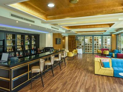 Bar elegante dell'hotel con pavimento in legno, sgabelli, comodi divani e grandi finestre.