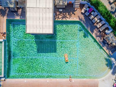 Vista aerea di una piscina rettangolare con lettini e ombrelloni lungo il bordo.
