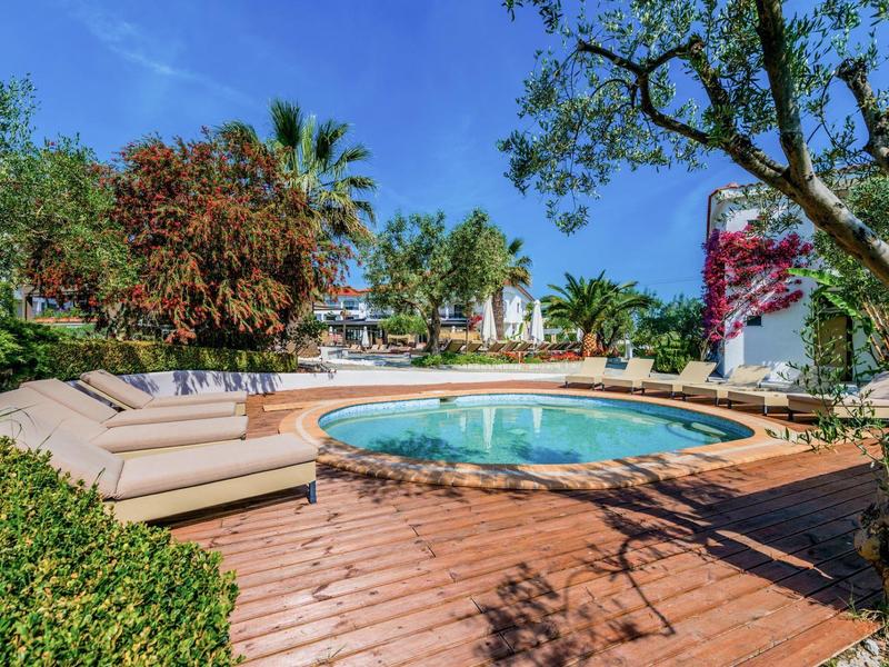 Piscina rotonda su terrazza in legno con lettini, palme e alberi sullo sfondo.