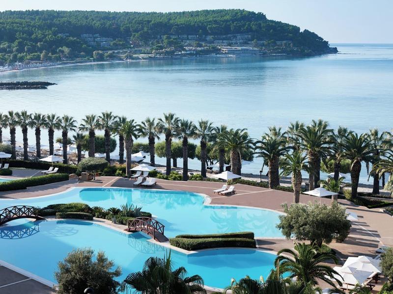 Piscina dell'hotel con palme e vista sul mare e su una costa boscosa