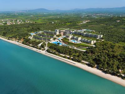 Vista aerea di un resort sulla spiaggia con piscina circondato dal verde.