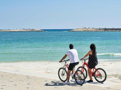 Two people with bicycles on the beach, looking at the sea under a clear sky.