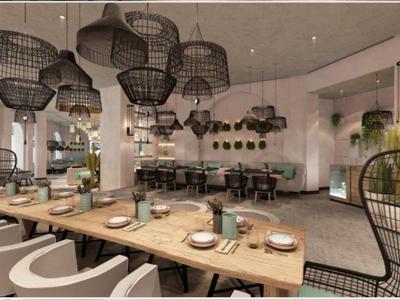 Modernes Restaurant mit hölzernen Tischen, grauen Stühlen und schwarzen Korblampen an der Decke.