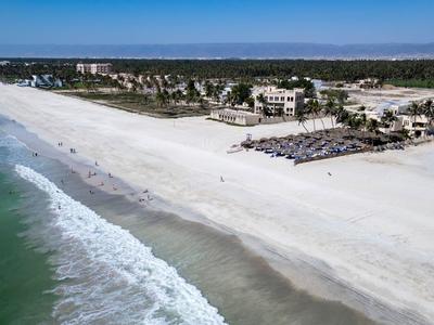 Szeroka piaszczysta plaża z kołyszącymi się palmami i hotelami wzdłuż wybrzeża pod czystym niebem.