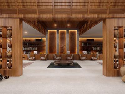 Intérieur moderne de hall d'hôtel avec panneaux en bois, espace assis et fontaine centrale.