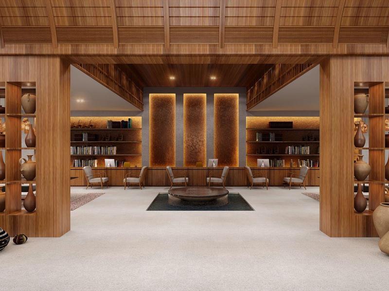 Intérieur moderne de hall d'hôtel avec panneaux en bois, espace assis et fontaine centrale.