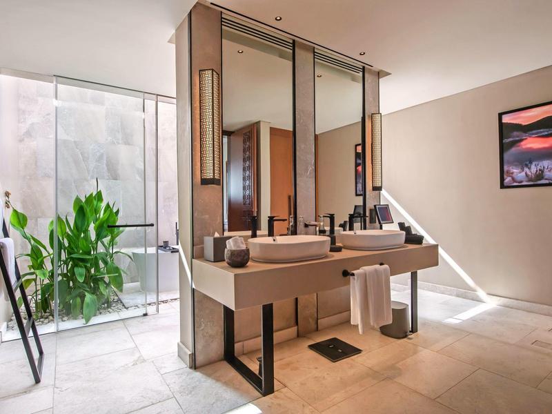 Salle de bain moderne avec lavabo, miroirs et plantes à la lumière du jour
