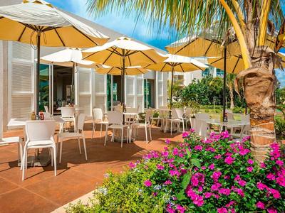 Außenbereich eines Cafés mit weißen Stühlen, großen Sonnenschirmen und bunter Blumenrabatte.