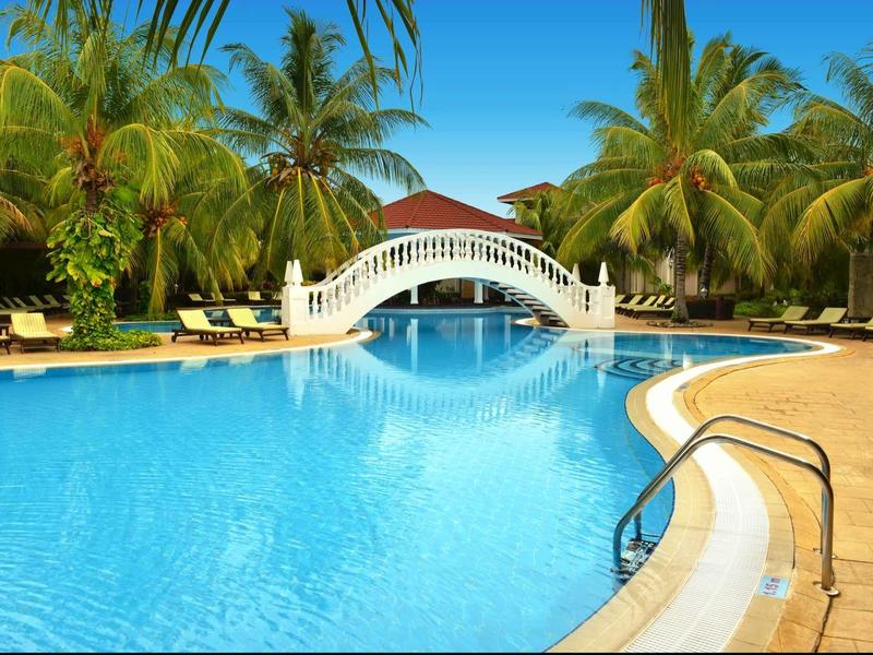 Großer blauer Pool mit weißer Brücke, umgeben von Palmen und Liegestühlen bei klarem Himmel.