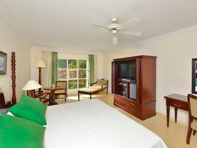 Geräumiges Schlafzimmer mit Doppelbett, grün gemusterten Kissen, Holzmöbeln und großem Fenster.