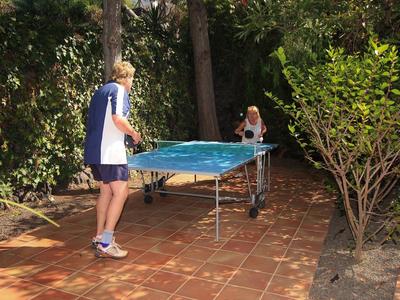 Zwei Personen spielen Tischtennis auf einer Terrasse mit rotem Steinboden und umgeben von grünem Buschwerk.