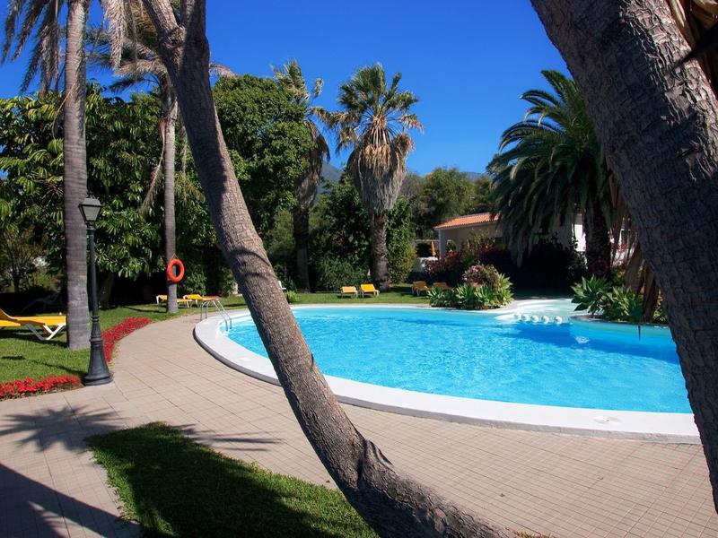 Pool area with blue water, surrounded by palm trees and lounge chairs under a clear sky.