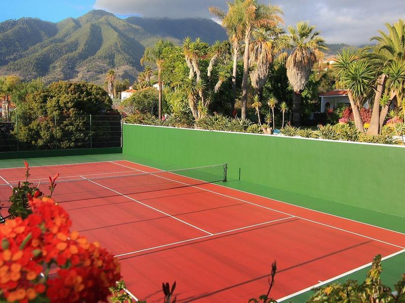 Red tennis court surrounded by green plants with mountains and palm trees in the background.