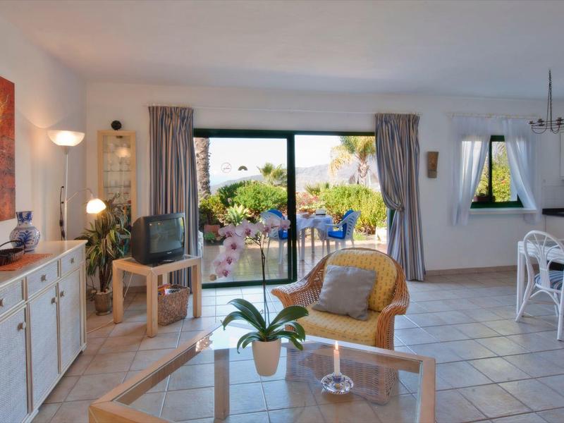 Bright living room with plants, artwork, and view of terrace and garden.