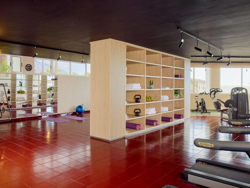 Moderne sportschool met rode vloeren, apparatuur en een scheidingswand met planken.