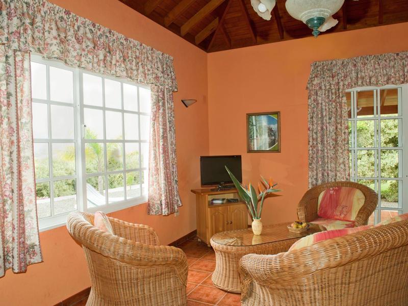 Acogedor rincón con muebles de mimbre, televisor y grandes ventanas en una habitación naranja.