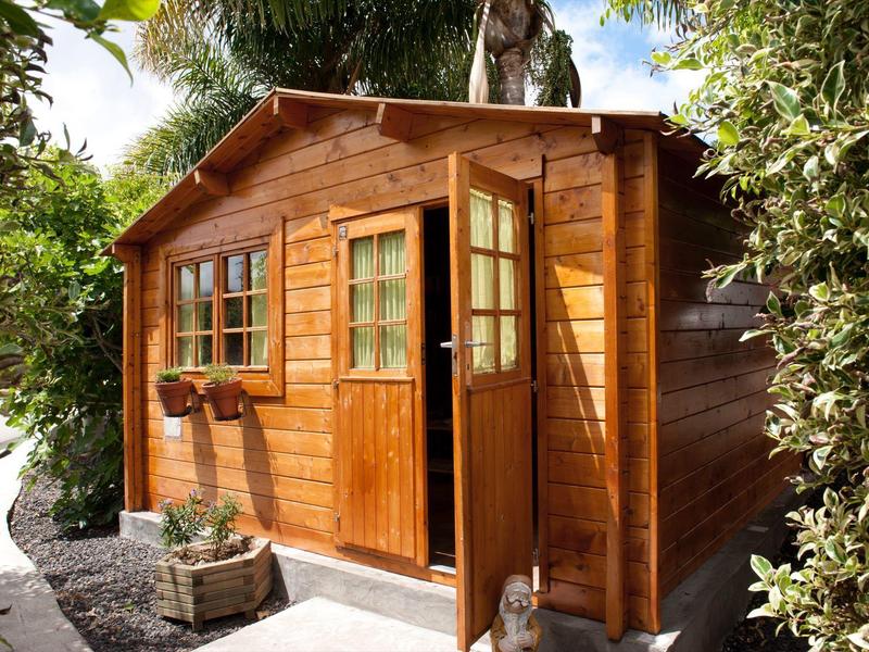 Pequeña cabaña de madera con ventanas y puerta abiertas rodeada de vegetación.