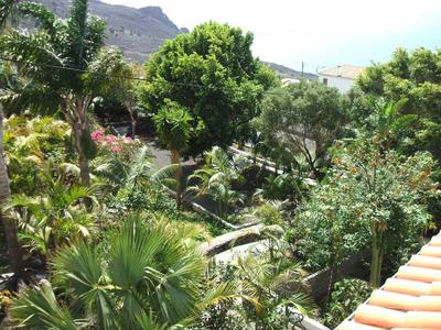 View of a lush garden with various trees and plants next to a red roof.