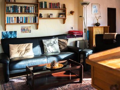 Wohnzimmer mit schwarzem Sofa, Kissen, Holzregalen, Kamin und Teppich, warmes Licht.