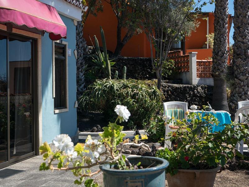 Terasa s rostlinami, židlemi a stoly před modrou budovou s červeným markýzem