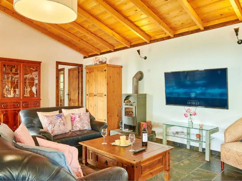 Pohodlný obývací pokoj s dřevěným stropem, krbovými kamny, pohovkami a velkou televizí na stěně.