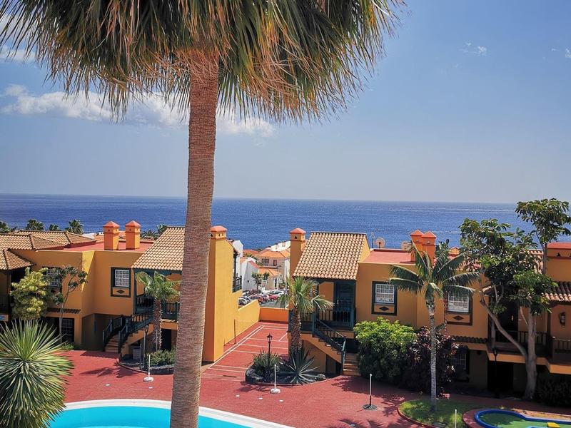 Palme vor einem großen Swimmingpool mit Blick auf das Meer und bunte Gebäude
