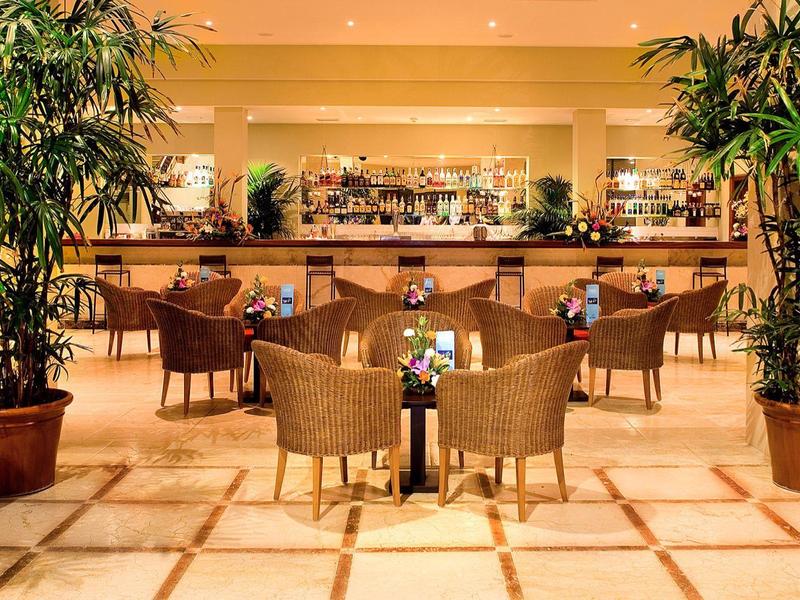 Interior de un bar de hotel con sillas, mesas y grandes plantas en macetas.