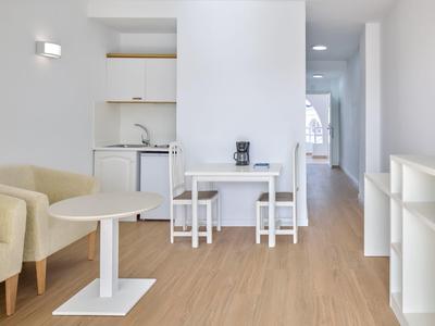 Bright, modern apartment with kitchenette, dining area, and seating.